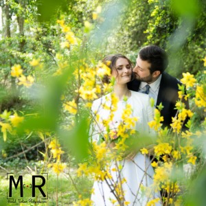 les mariés s'embrassent à travers les feuillages et les fleurs jaunes. Michel Richard Photo