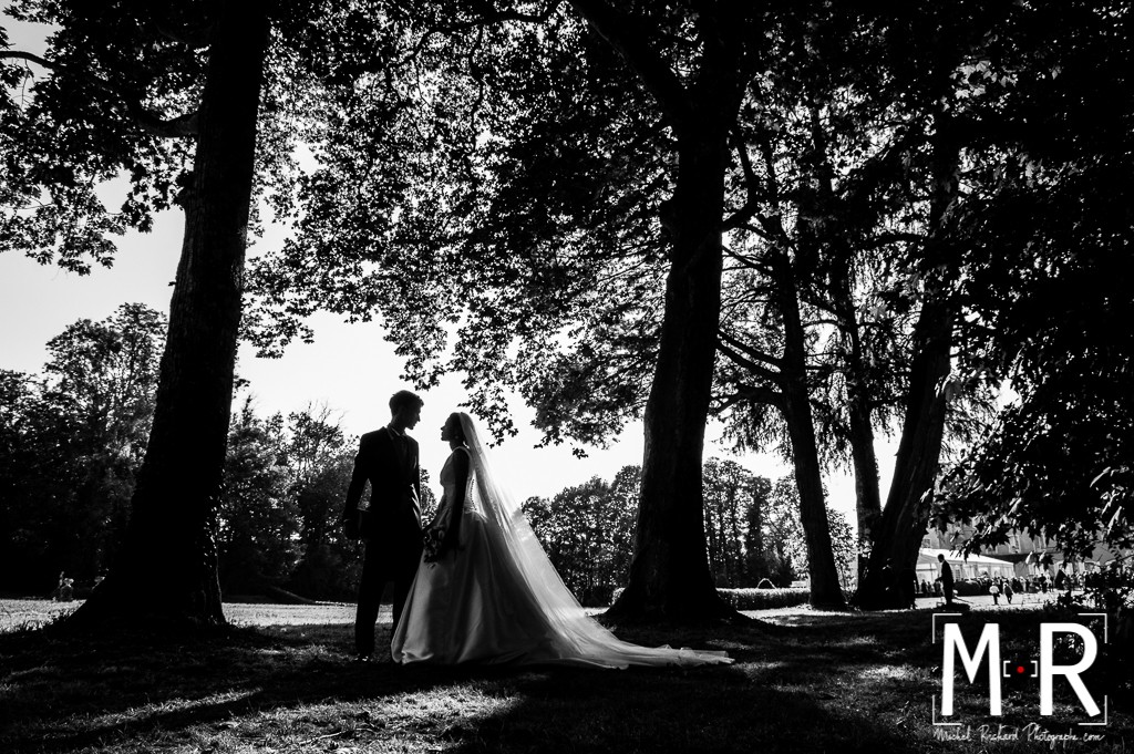 portrait des mariés - contrejour avec arbres et feuillages - noir et blanc