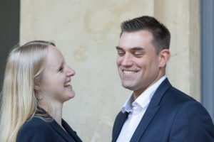 laughing lovers in engagement session in Paris